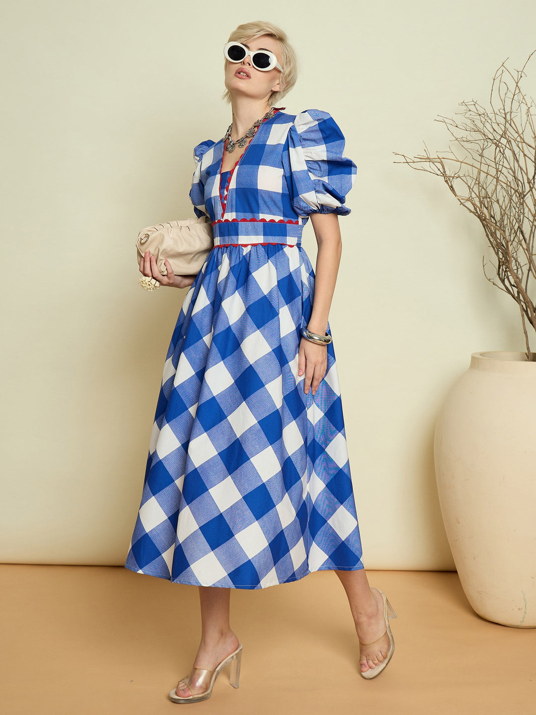 Women Blue Big Check A-Line Midi Dress