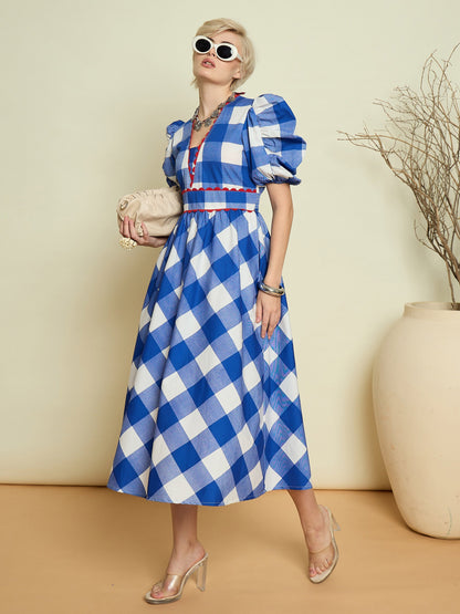 Women Blue Big Check A-Line Midi Dress