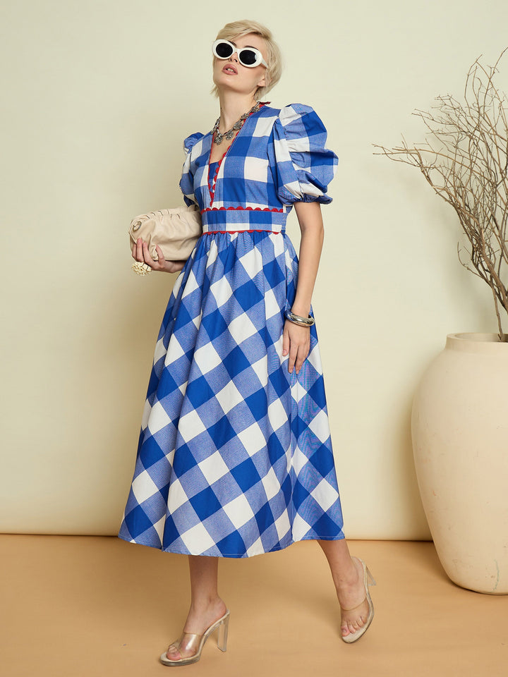 Women Blue Big Check A-Line Midi Dress