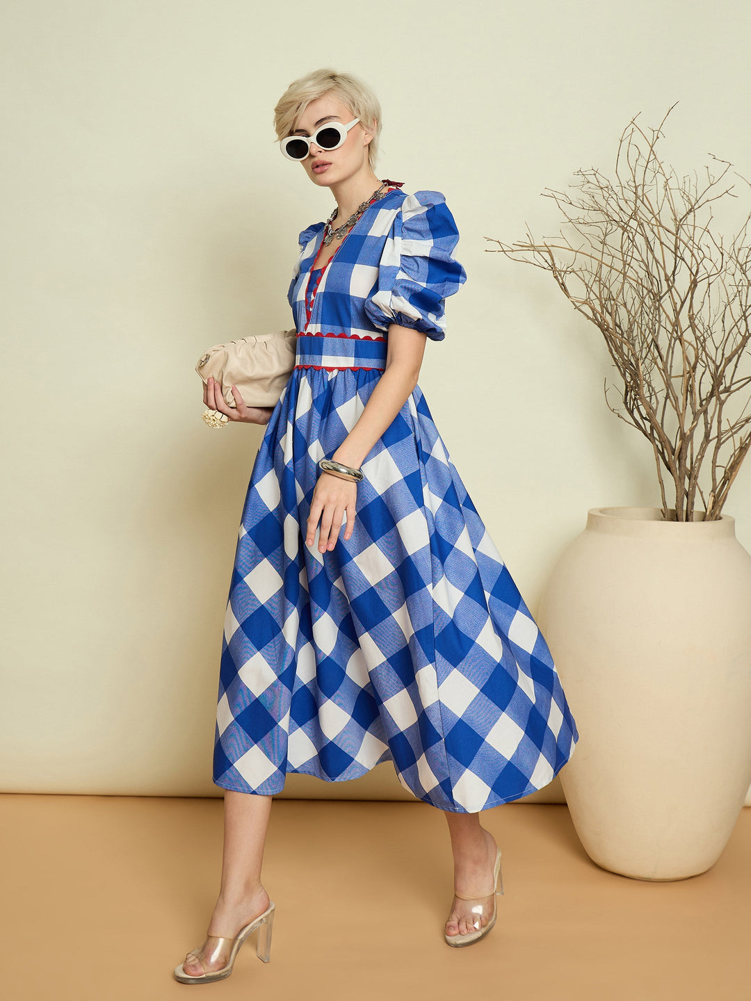 Women Blue Big Check A-Line Midi Dress