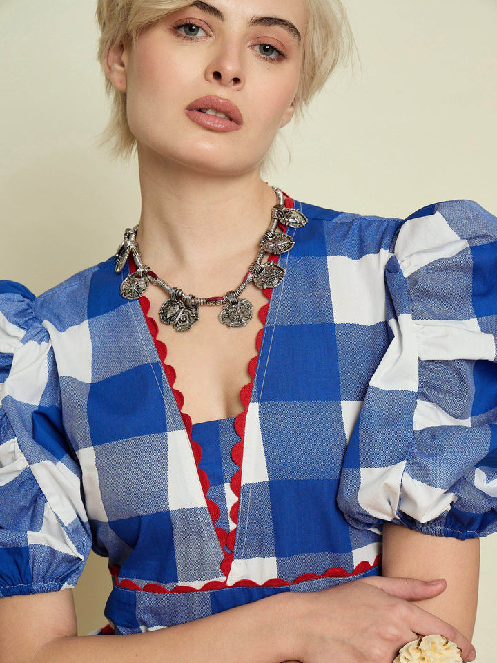 Women Blue Big Check A-Line Midi Dress