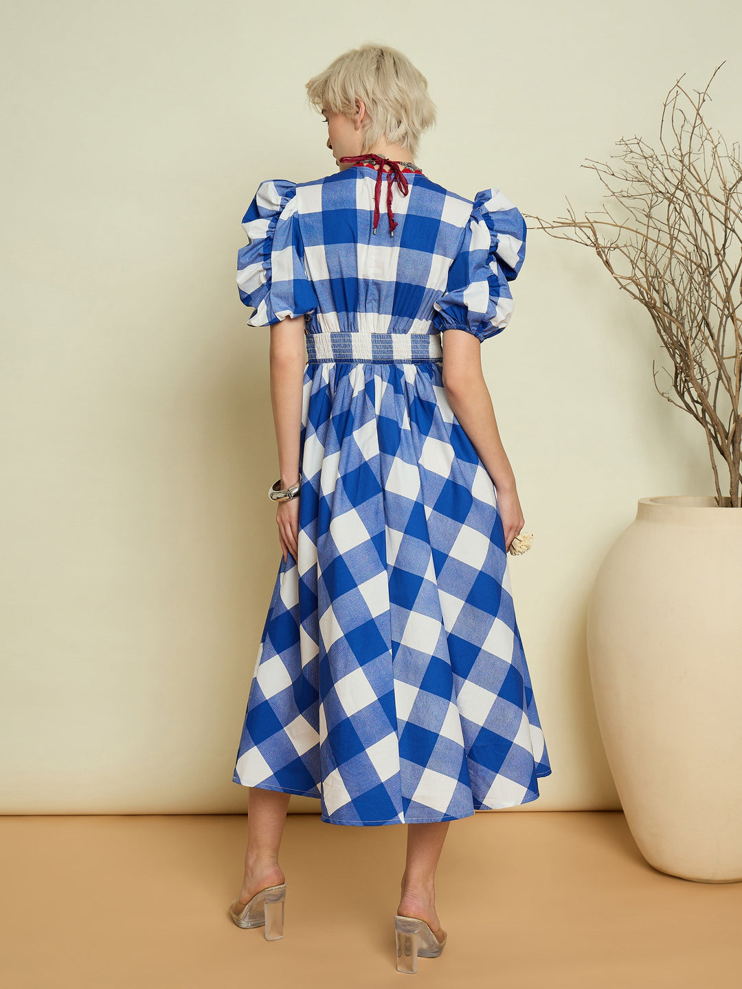 Women Blue Big Check A-Line Midi Dress