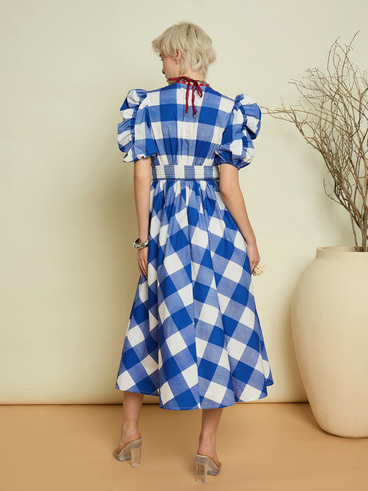 Women Blue Big Check A-Line Midi Dress