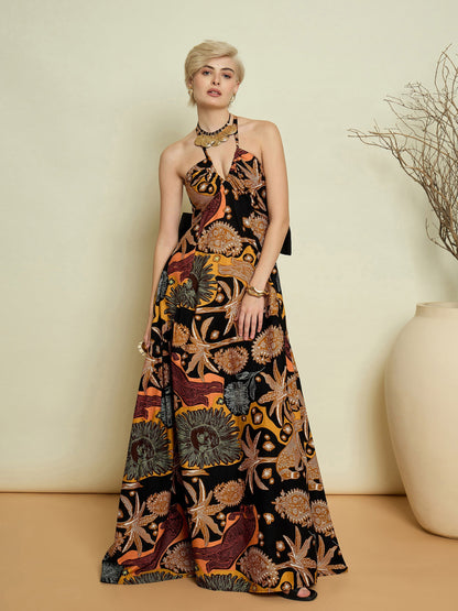Women Black Boho Printed Back Bow Strappy Maxi Dress