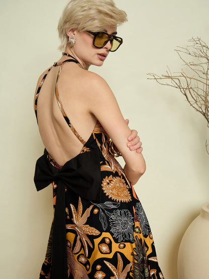 Women Black Boho Printed Back Bow Strappy Maxi Dress