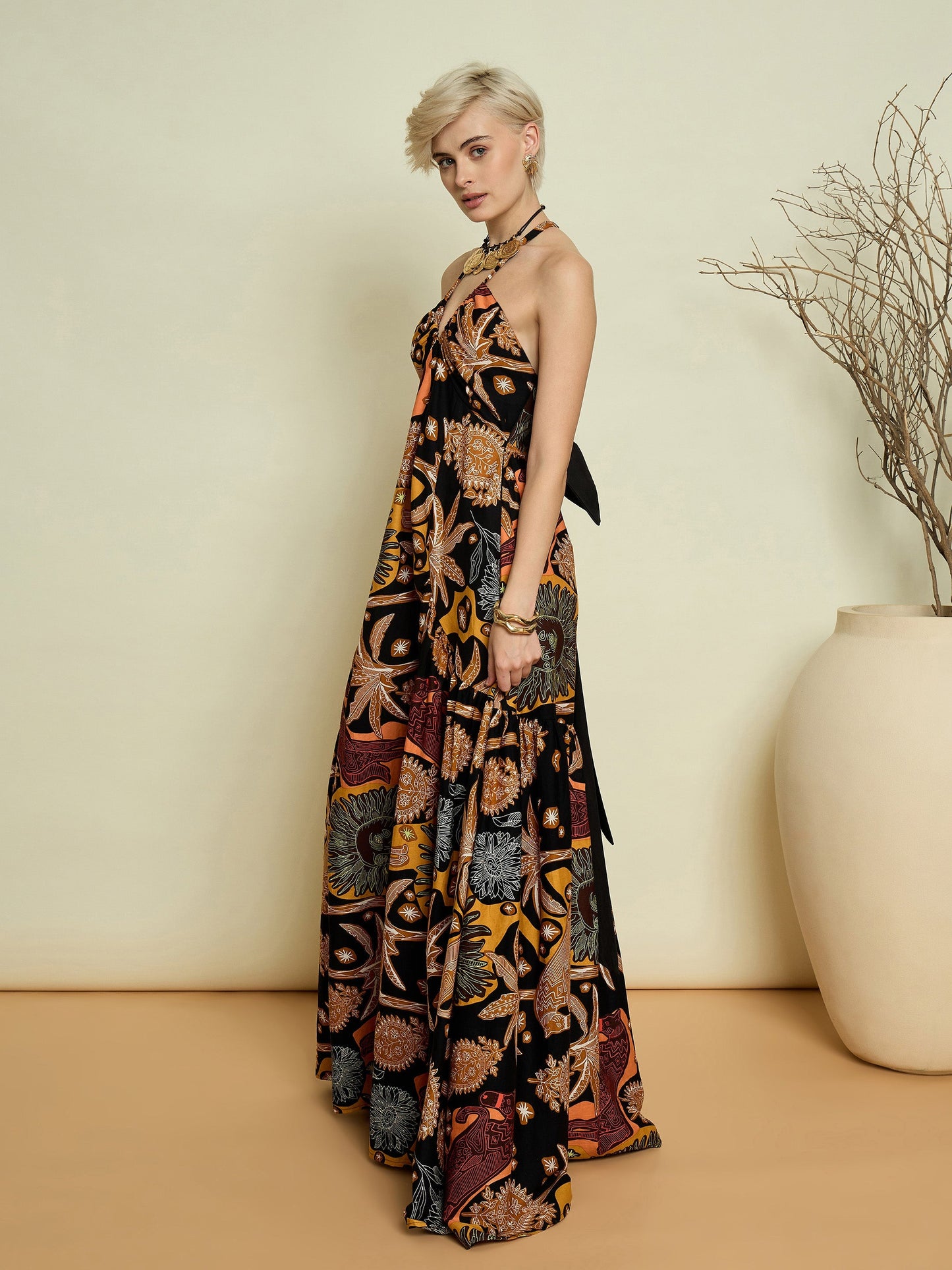 Women Black Boho Printed Back Bow Strappy Maxi Dress
