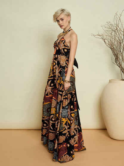 Women Black Boho Printed Back Bow Strappy Maxi Dress