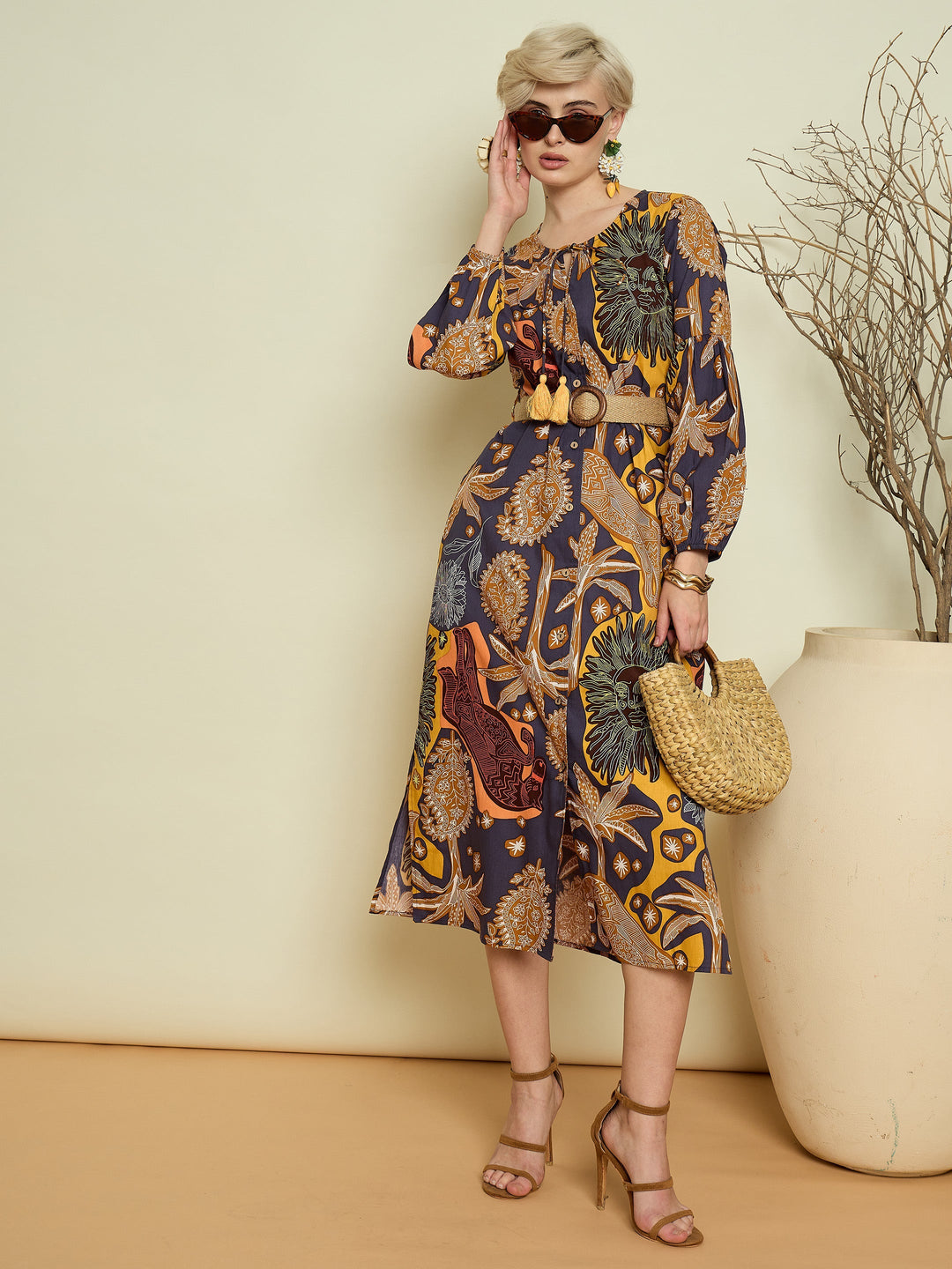 Women Grey Boho Printed Side Slit Midi Dress