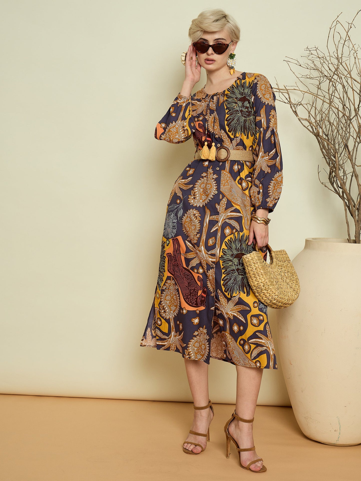 Women Grey Boho Printed Side Slit Midi Dress