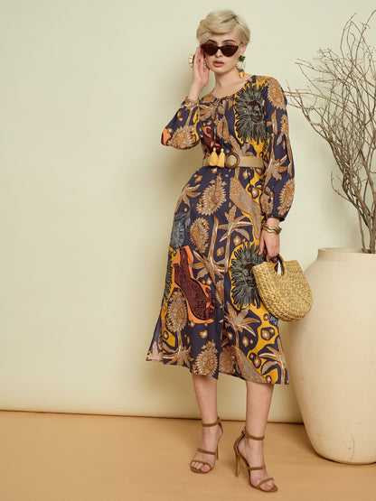 Women Grey Boho Printed Side Slit Midi Dress