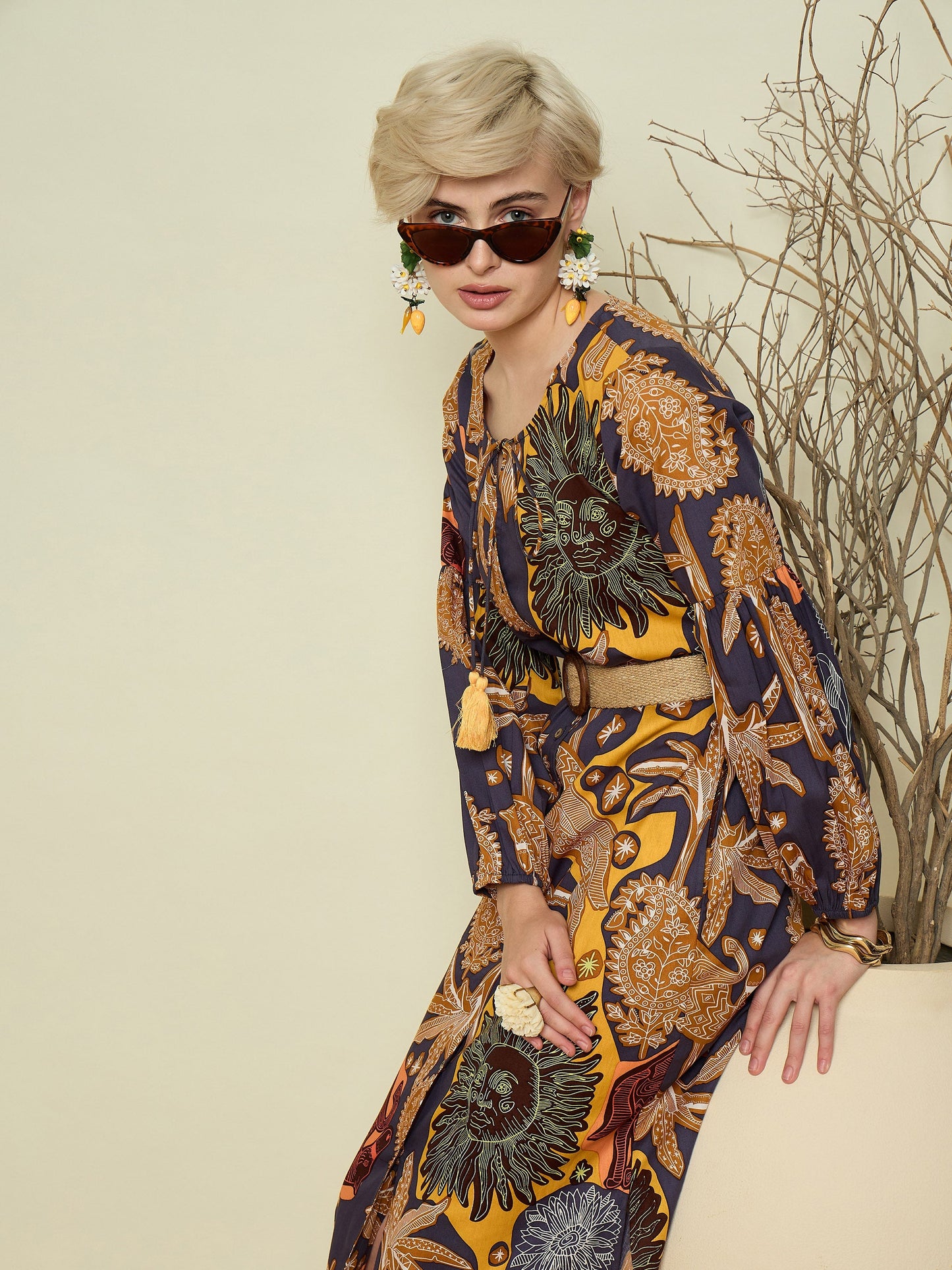 Women Grey Boho Printed Side Slit Midi Dress