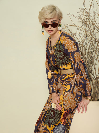 Women Grey Boho Printed Side Slit Midi Dress