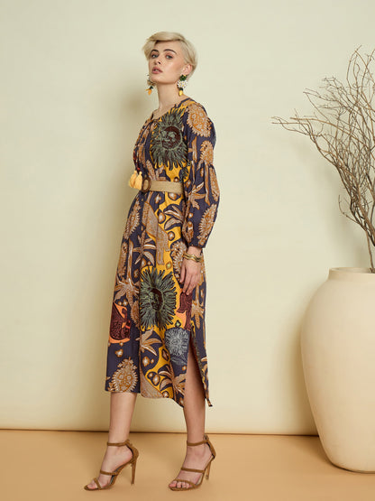 Women Grey Boho Printed Side Slit Midi Dress