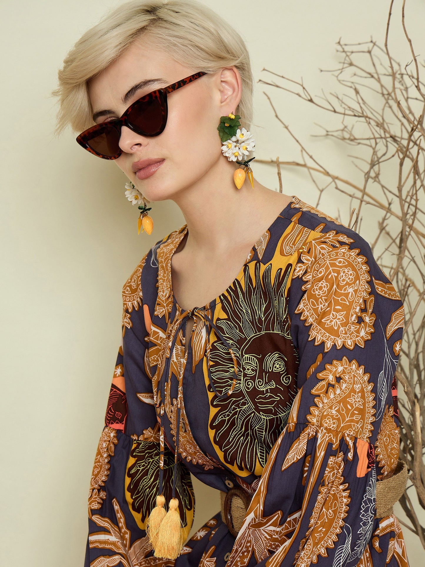 Women Grey Boho Printed Side Slit Midi Dress