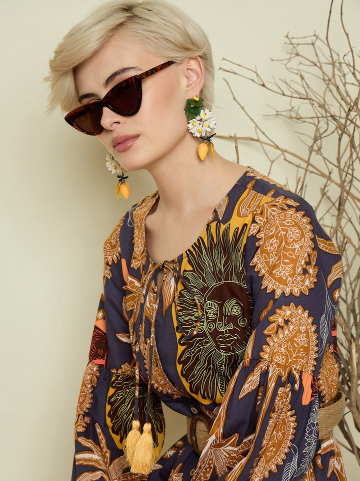 Women Grey Boho Printed Side Slit Midi Dress