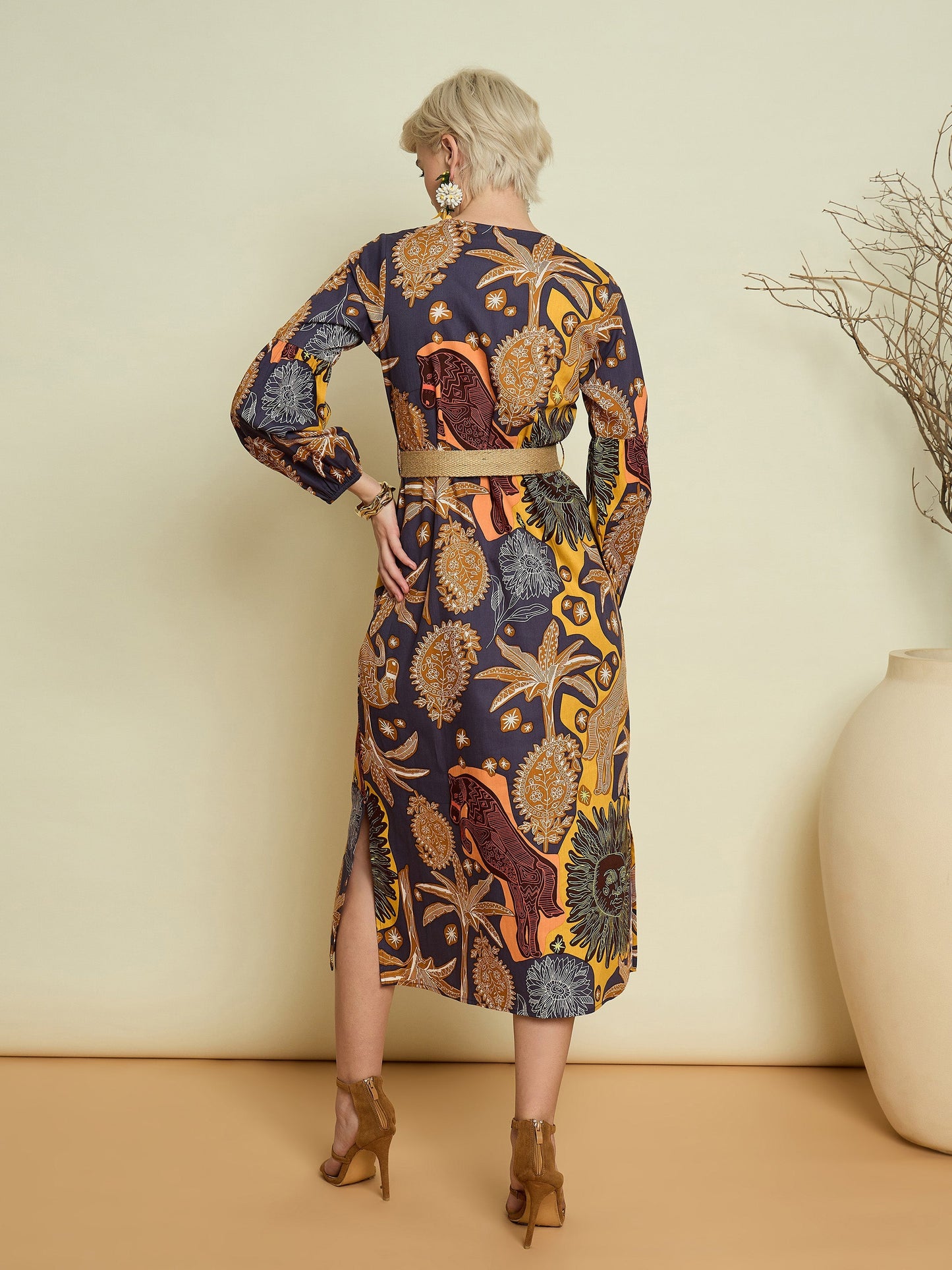 Women Grey Boho Printed Side Slit Midi Dress