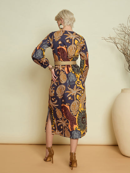 Women Grey Boho Printed Side Slit Midi Dress