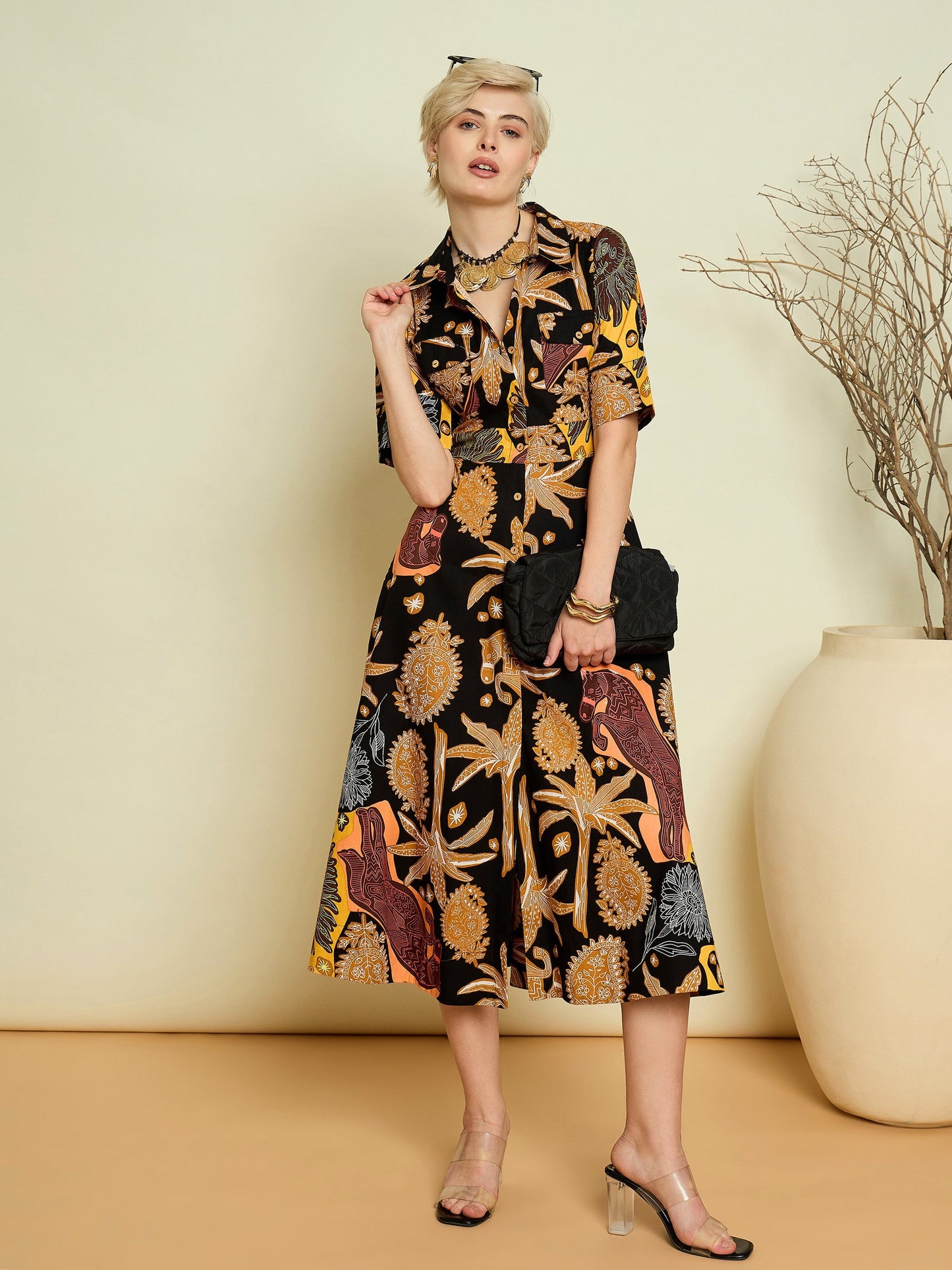 Women Black Boho Printed Button Placket A-Line Midi Dress