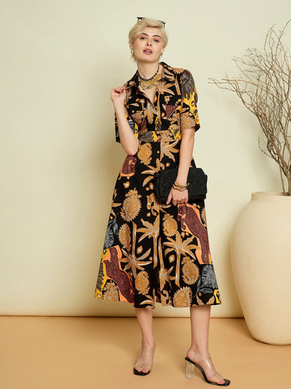 Women Black Boho Printed Button Placket A-Line Midi Dress