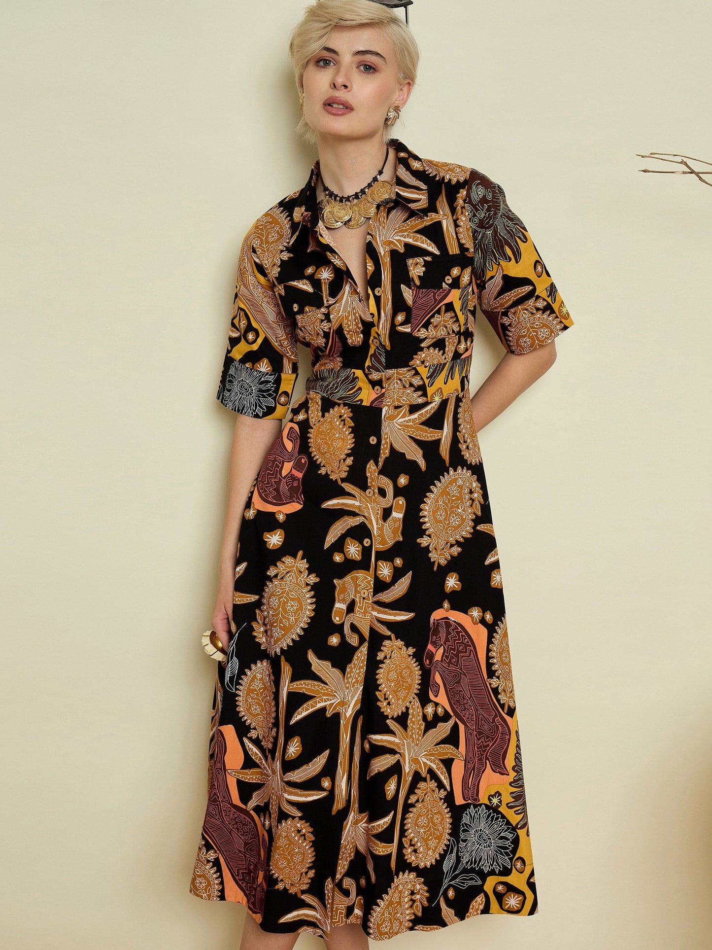 Women Black Boho Printed Button Placket A-Line Midi Dress