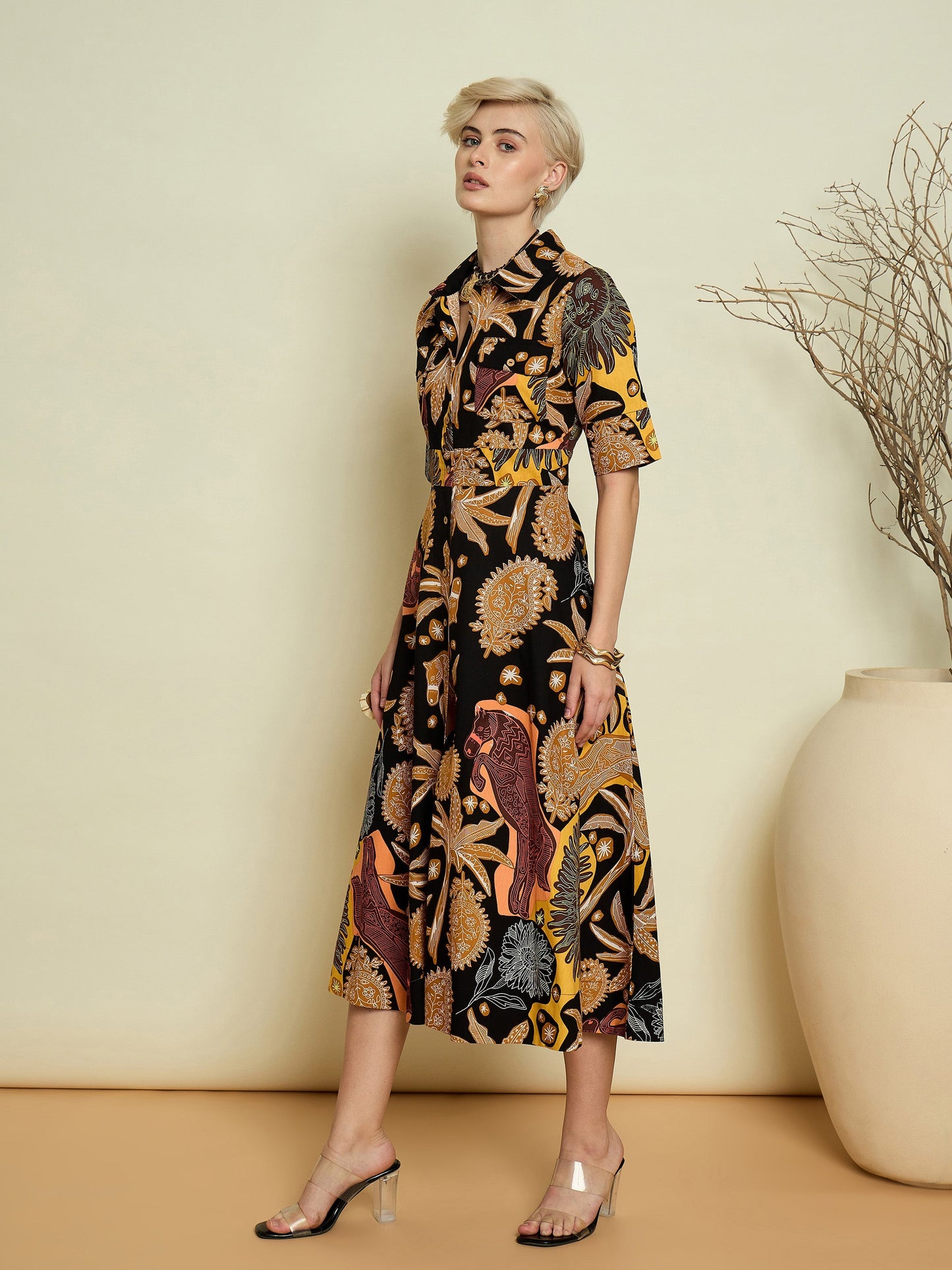 Women Black Boho Printed Button Placket A-Line Midi Dress