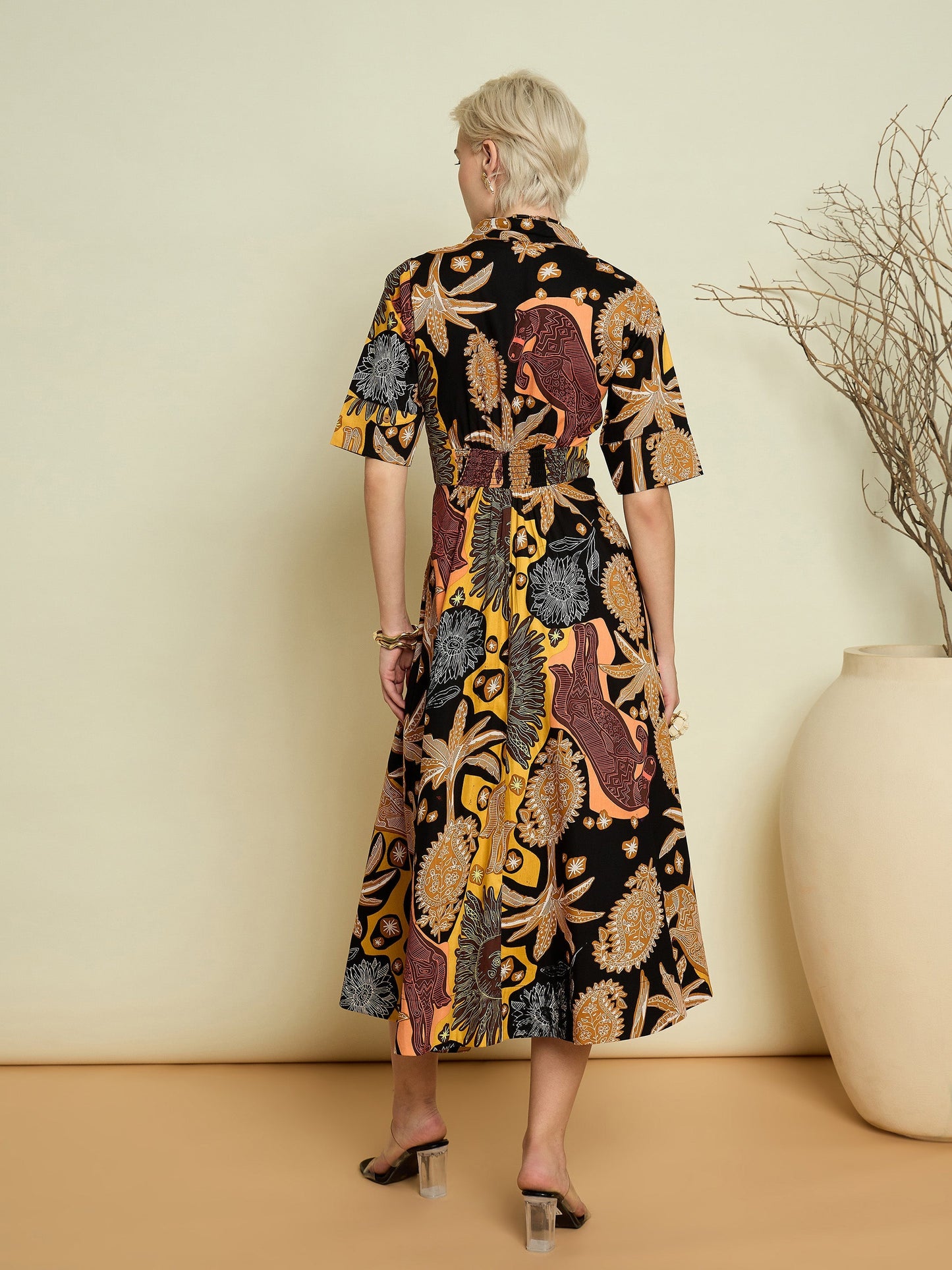 Women Black Boho Printed Button Placket A-Line Midi Dress