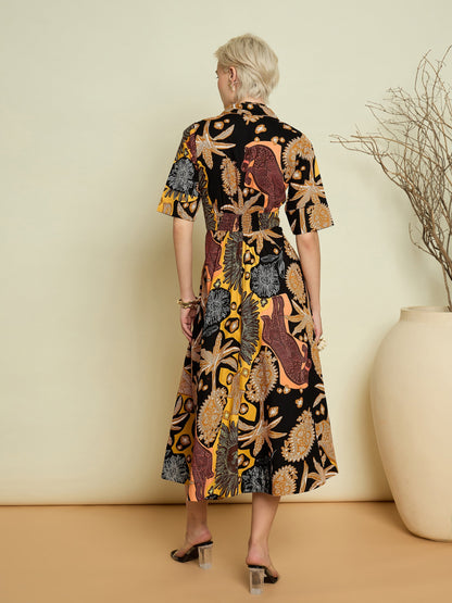 Women Black Boho Printed Button Placket A-Line Midi Dress