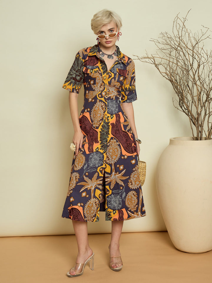 Women Grey Boho Printed Button Placket A Line Midi Dress