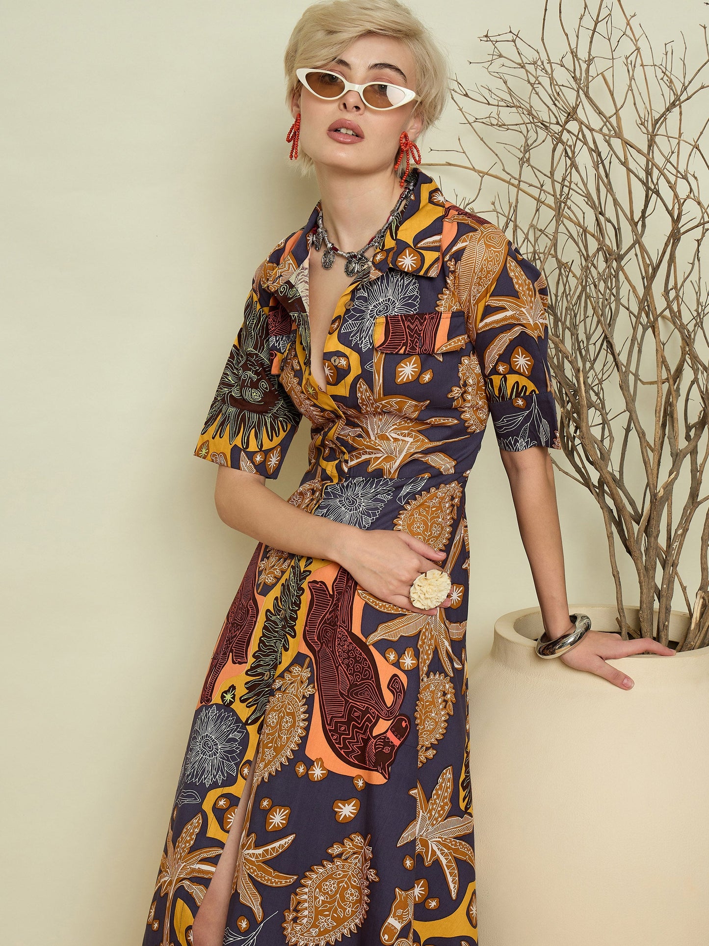 Women Grey Boho Printed Button Placket A Line Midi Dress