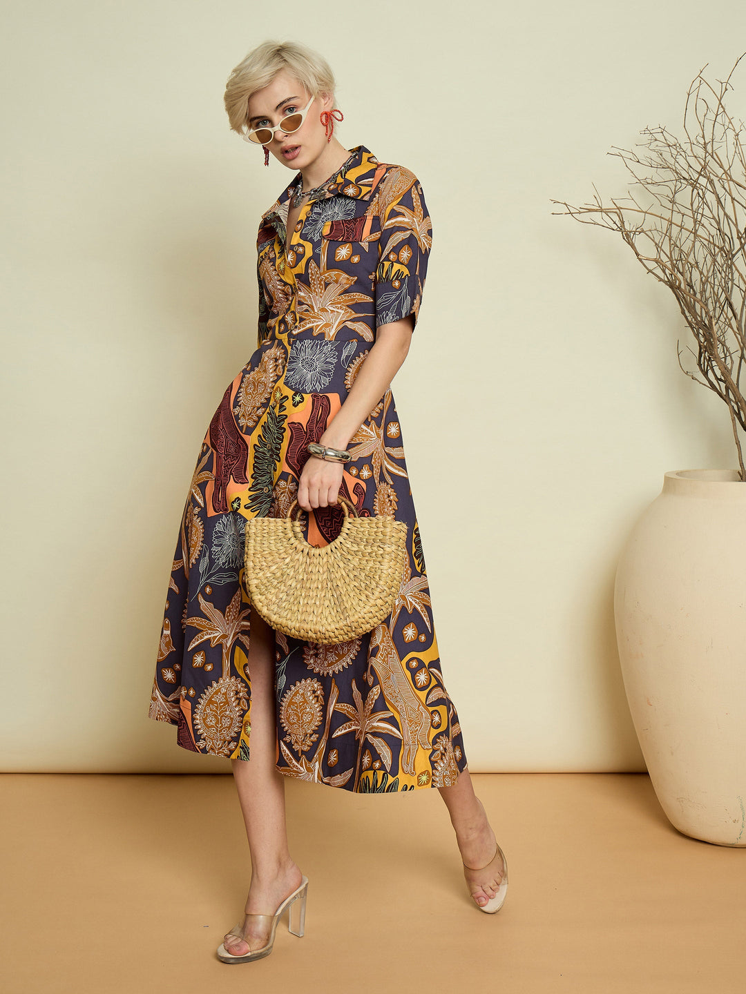 Women Grey Boho Printed Button Placket A Line Midi Dress