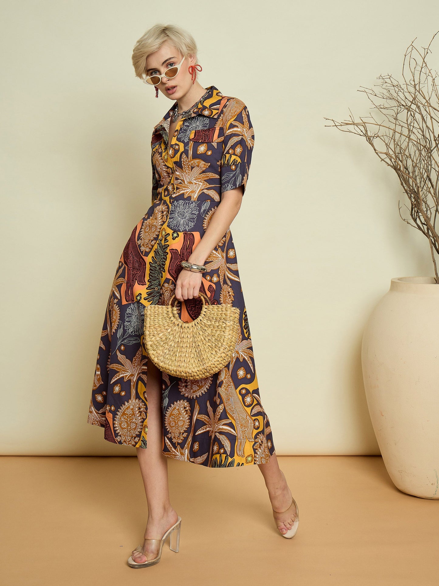 Women Grey Boho Printed Button Placket A Line Midi Dress