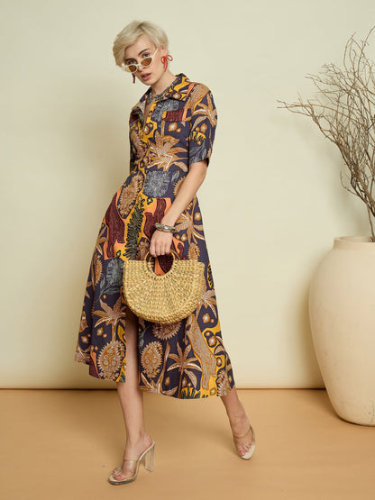 Women Grey Boho Printed Button Placket A Line Midi Dress