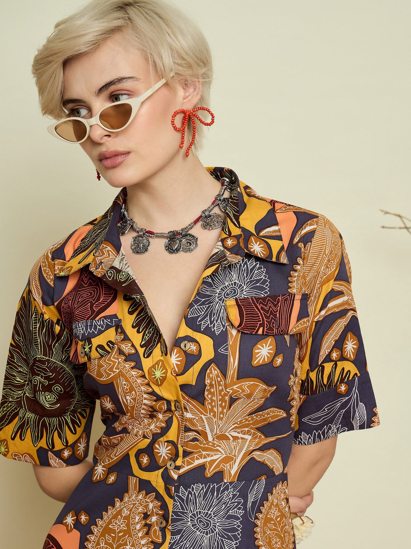 Women Grey Boho Printed Button Placket A Line Midi Dress