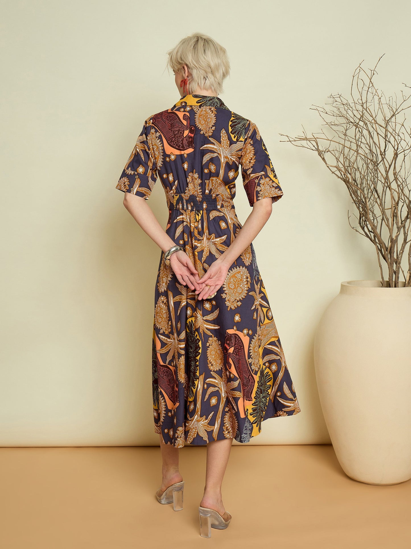 Women Grey Boho Printed Button Placket A Line Midi Dress