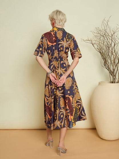 Women Grey Boho Printed Button Placket A Line Midi Dress