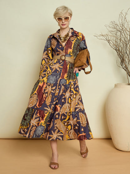 Women Grey Boho Printed Button Placket Tiered Maxi Dress