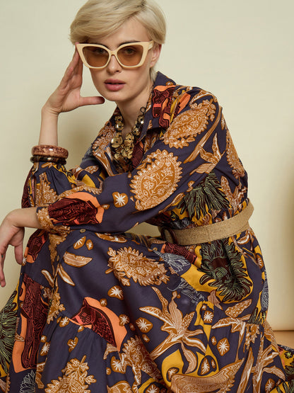 Women Grey Boho Printed Button Placket Tiered Maxi Dress