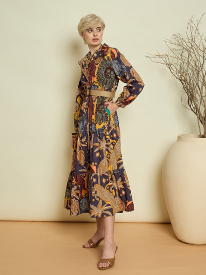 Women Grey Boho Printed Button Placket Tiered Maxi Dress