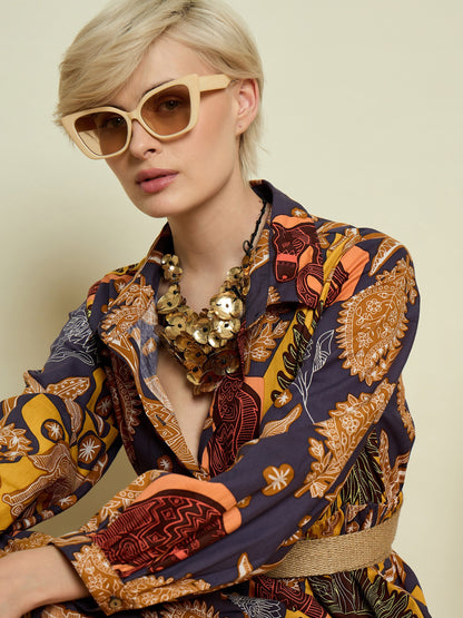 Women Grey Boho Printed Button Placket Tiered Maxi Dress