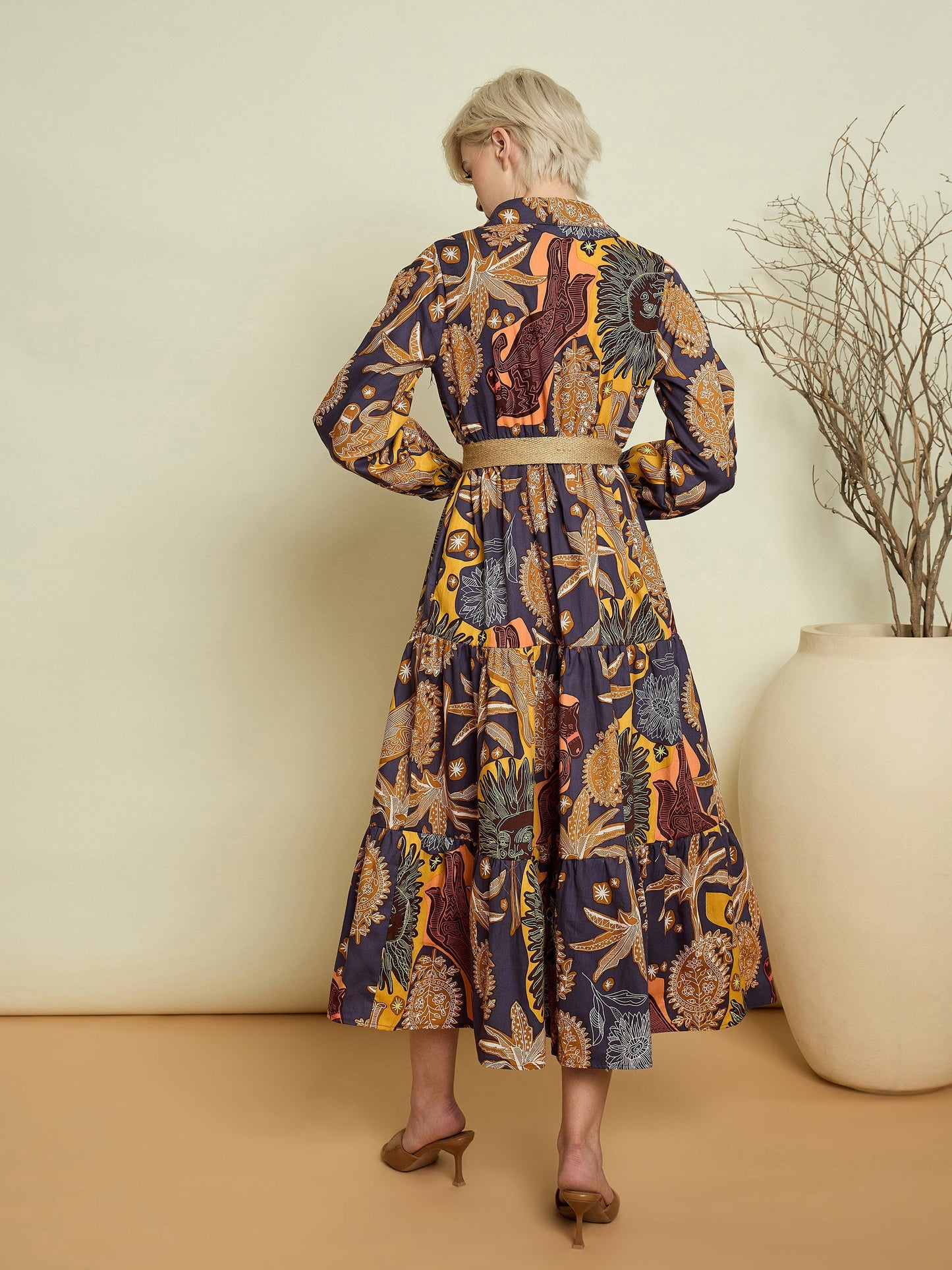 Women Grey Boho Printed Button Placket Tiered Maxi Dress