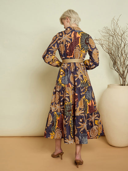 Women Grey Boho Printed Button Placket Tiered Maxi Dress