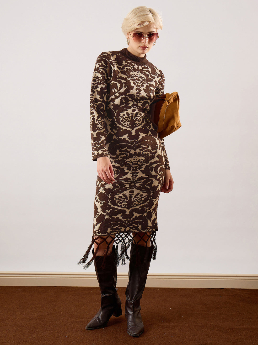 Women's Women Brown Jacquard Acrylic Wool High Neck Hem Frindge Midi Dress in Wool by Sassafras for wholesale, bulk, supplier, manufacturer and wholesaler buyers from Trendphoria
