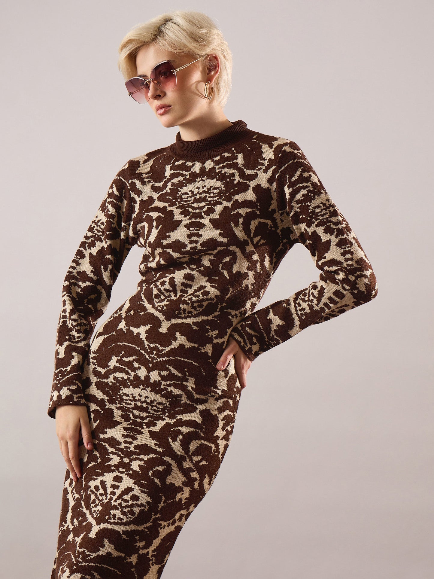 Women Brown Jacquard Acrylic Wool High Neck Hem Frindge Midi Dress