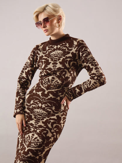 Women Brown Jacquard Acrylic Wool High Neck Hem Frindge Midi Dress