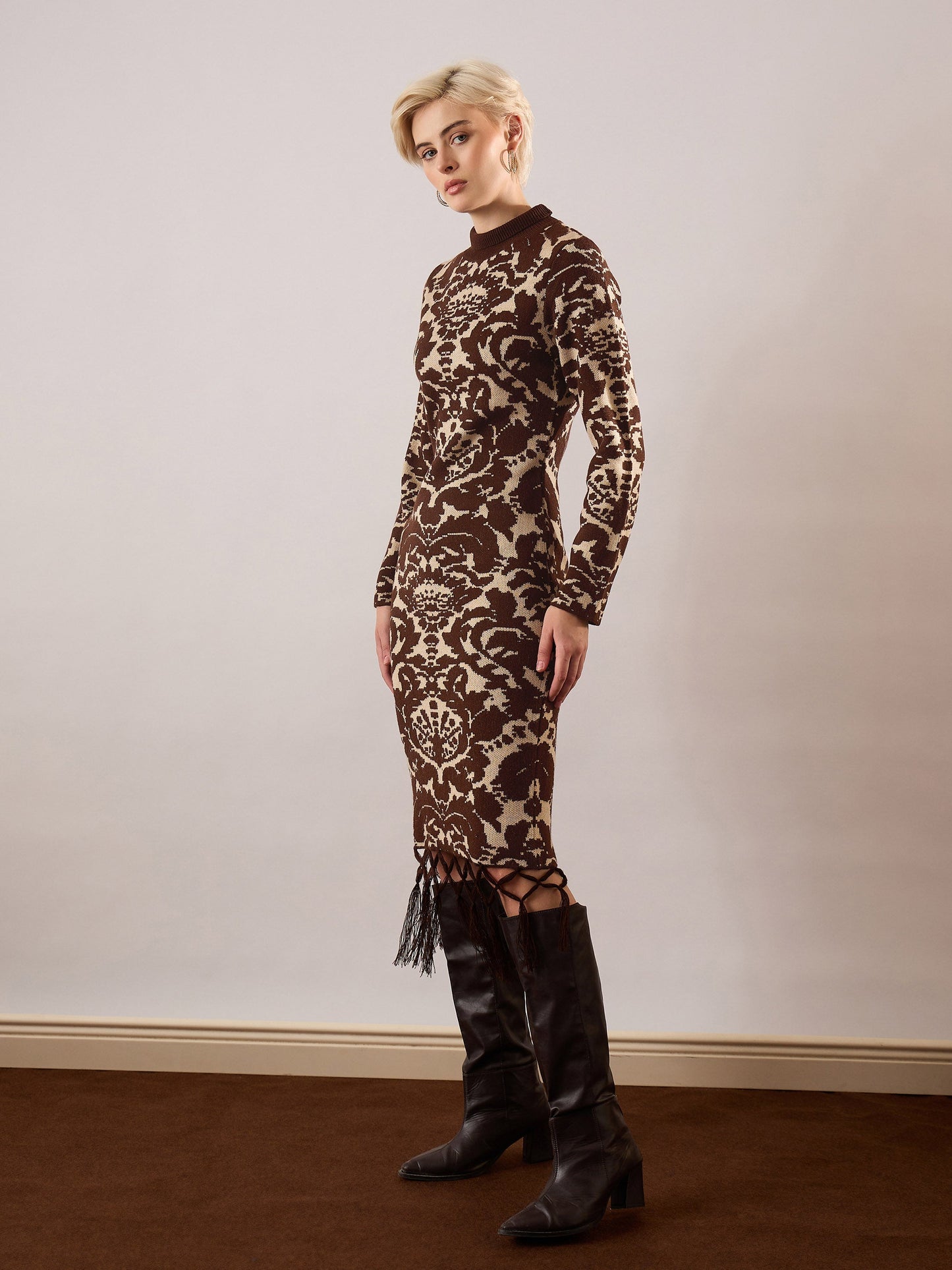 Women Brown Jacquard Acrylic Wool High Neck Hem Frindge Midi Dress