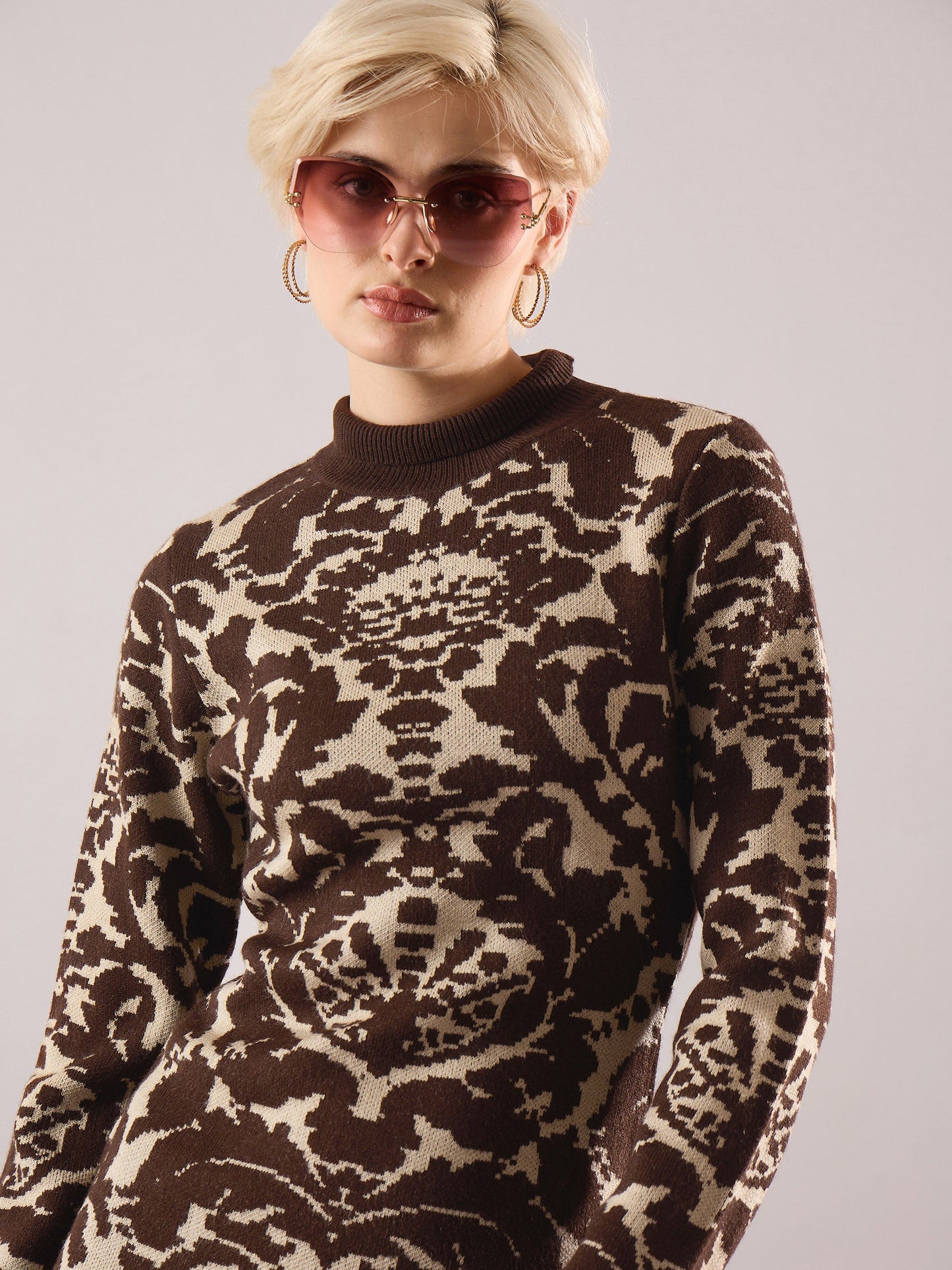 Women Brown Jacquard Acrylic Wool High Neck Hem Frindge Midi Dress