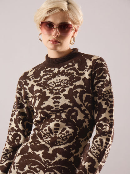 Women Brown Jacquard Acrylic Wool High Neck Hem Frindge Midi Dress