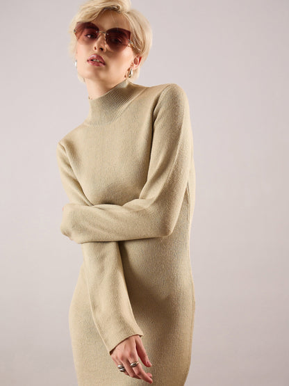 Women Beige Acrylic Wool Hem Frindge Detail Midi Dress