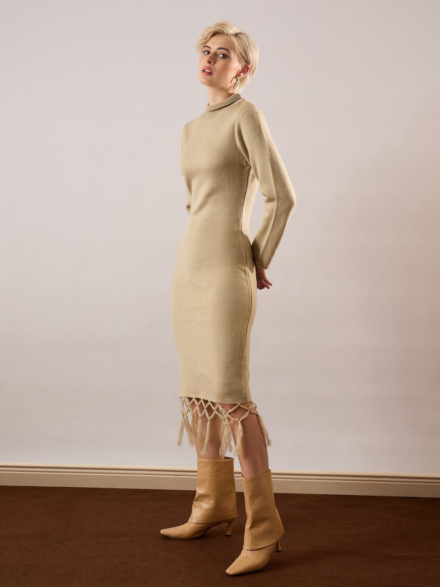 Women Beige Acrylic Wool Hem Frindge Detail Midi Dress
