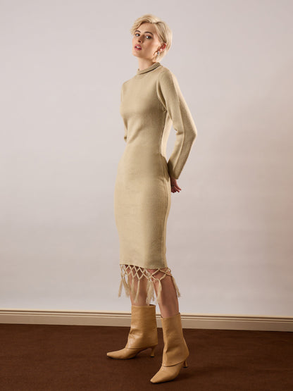 Women Beige Acrylic Wool Hem Frindge Detail Midi Dress